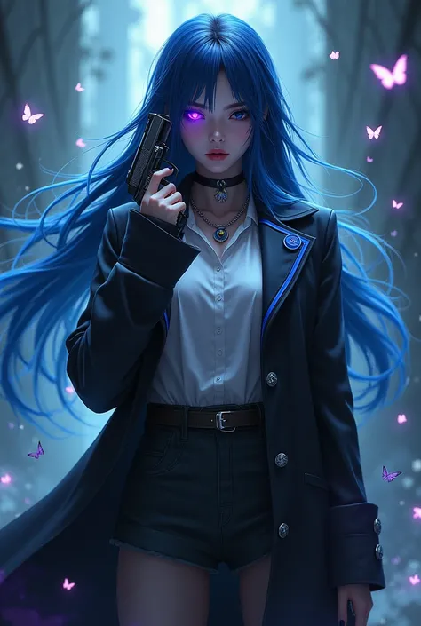 1girl, long dark blue hair with sky blue highlights, glowing purple mystic eye, right hand posing hand pistol, black coat with blue frame pattern, white plain shirt, moon choker, butterflies surrounding her, dark fantasy, dramatic lighting, cinematic, high...