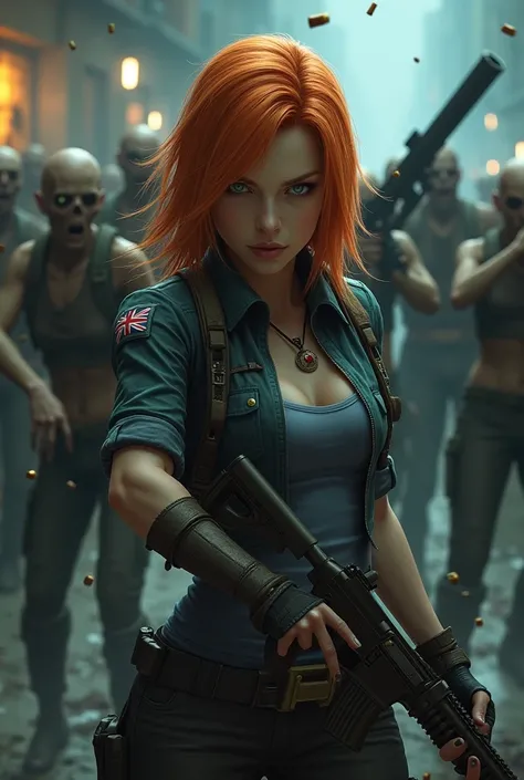 A woman with straight orange hair cuts light blue eyes with the set of aliases from Resident Evil 6 killing zombies with weapons resolution 50k 