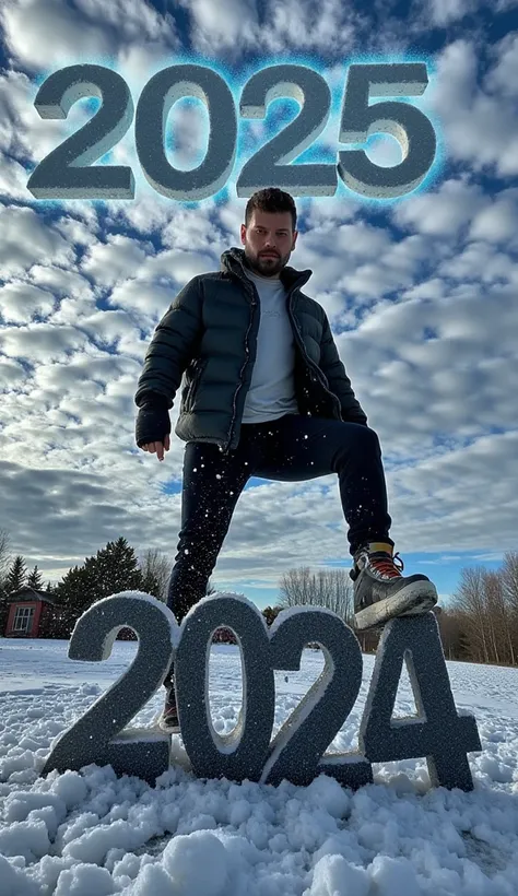 
“A hyper-realistic, cinematic winter scene with the focus on a dramatic close-up of a man’s foot crushing a large 3D number ‘2024’ made of earth, which cracks and shatters under the pressure. The man is standing front-facing, visible in the background wit...