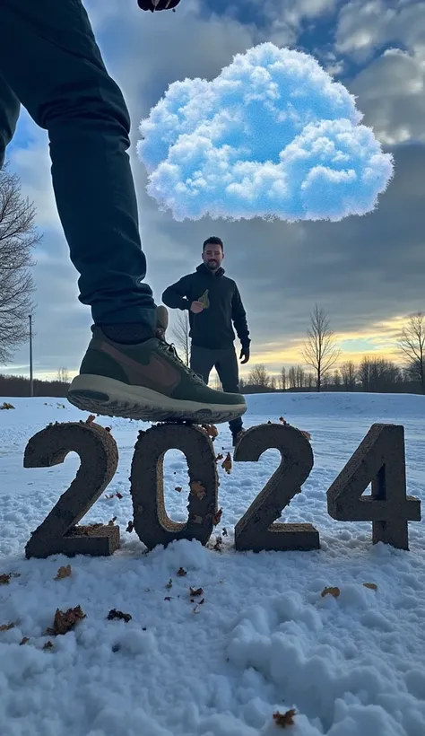 
“A hyper-realistic, cinematic winter scene with the focus on a dramatic close-up of a man’s foot crushing a large 3D number ‘2024’ made of earth, which cracks and shatters under the pressure. The man is standing front-facing, visible in the background wit...