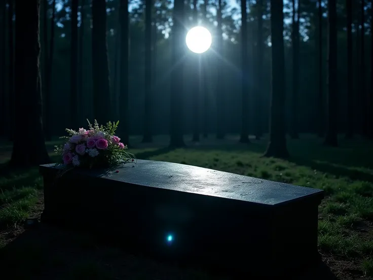 A coffin without a Christian mantle is placed in the middle of a dense forest on a dark night, bright moonlight falls directly on the coffin, a small bucket of flowers is placed on one side of the coffin.