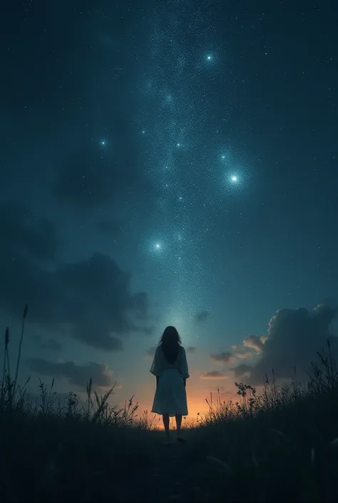  A shower of stars in the night while shadows approach in the distance a woman is in the midst of chaos she is afraid but one of the stars that fall, It falls Right where she is and it is an angel who went to protect her  