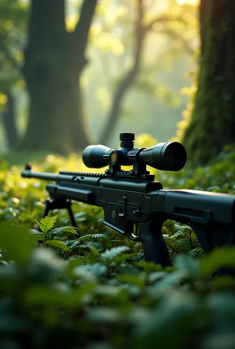 There is a Sniper Gun in a green forest 8k quality with a logo on it