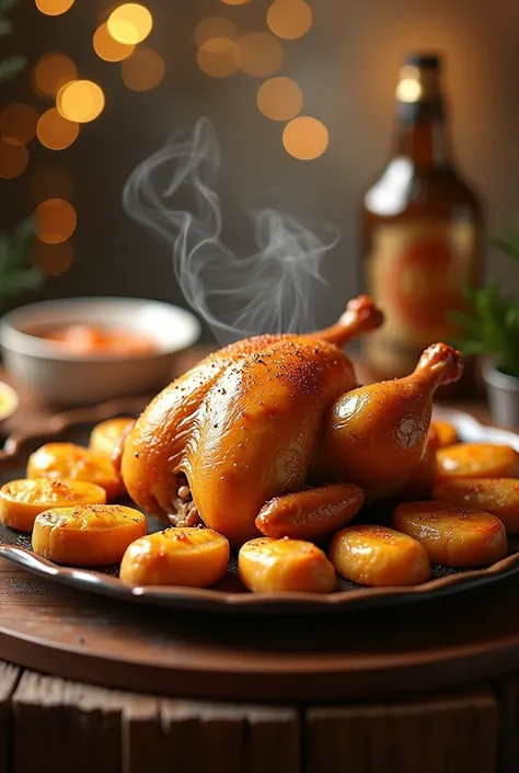  Place a round plate with a golden stuffed chicken, surrounded by cooked gourmet Papines , with chicken smoke in the background ,  on a New Years background , Use gold color with New Years background