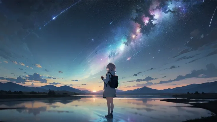 masterpiece, 8k, 1 girl standing in a salt lake,  the lake is a mirror reflecting the stars  ,  fantasy ,  detailed background , A woman drawn down to the smallest detail ,  anime girl watching the sky, 星の光が bright  , 瞬く starry sky ,  there are many stars ...