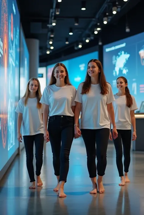 Realistic photo, barefoot female guide and three teenage white girls in white shirts and black pants and barefoot in science museum