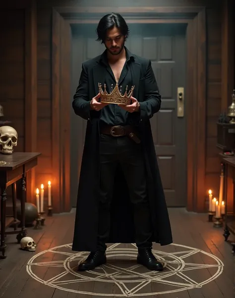 Crown of Karsus, crown in hands, stolen, handsome man, black dark hair, ritual, hellflames, old wooden house interior, drawn pentagram on the floor, skull, candles, black shirt with laces, revealed chest, thoughtful, determined look, ambitious, man standin...