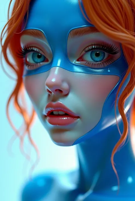 a close up of a woman in a blue latex outfit, digital art inspired by Marek Okon, Artstation, fantasy art, smooth digital concept art, wlop glossy skin, shiny white skin, shiny plastic, sexy girl, smooth blue skin, redhead girl, glossy digital painting, sm...