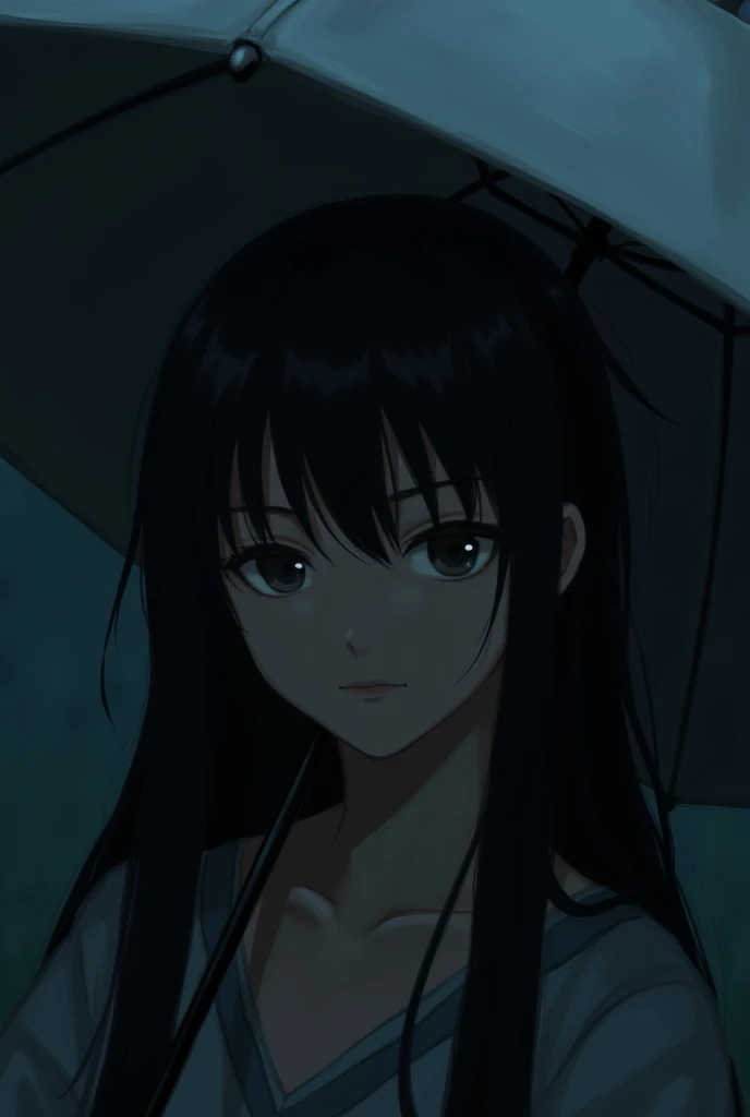 image features a close-up of a young person with long, dark hair, appearing contemplative. They are partially sheltered by an umbrella, which creates a contrast against a dark background. The lighting highlights their facial features, giving the scene a mo...