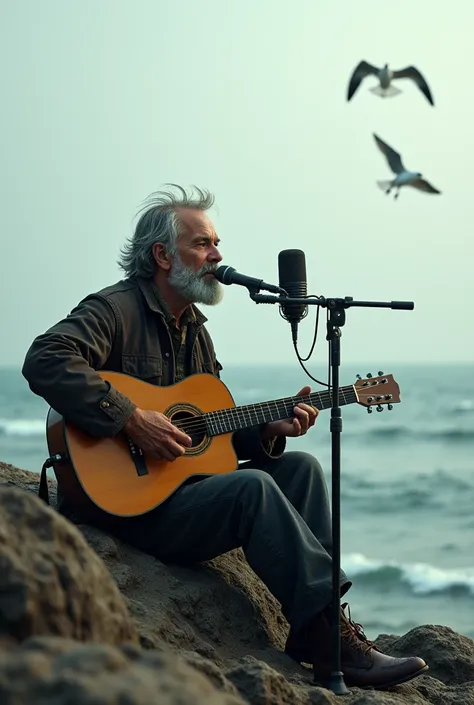 Image of a lonely man sitting by the sea playing guitar and singing at the microphone 