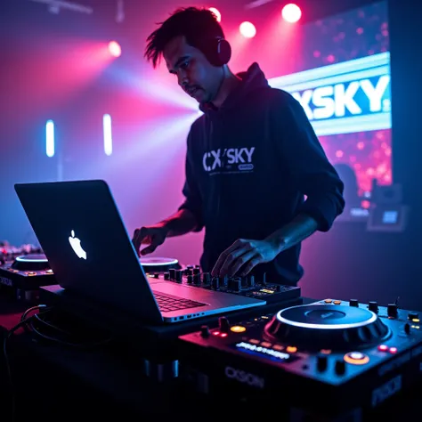 Please change the photo to a DJ performing. In front of it is a Denon Mc4000 DJ controller and a MacBook laptop with the Apple logo with an LED screen in the background that says CXSKY.