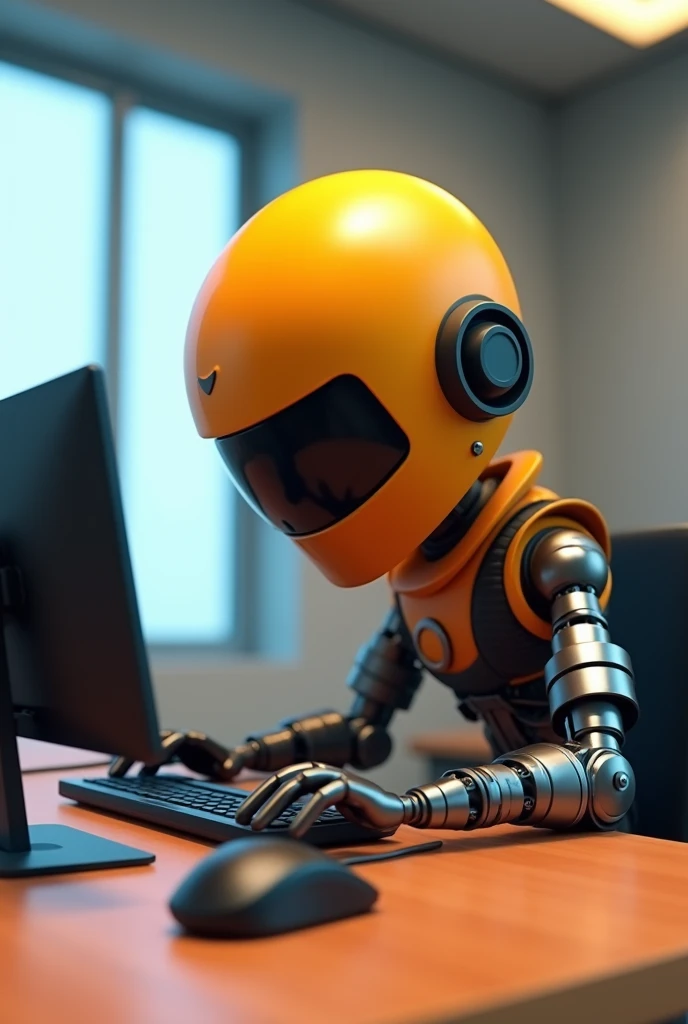 3d hacker cartoon hacking a computer on a wooden table with a black and gray mouse while wearing a yellow and orange helmet and black and gray pants with a metal leg visible in