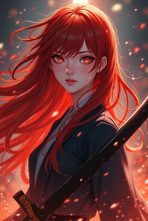   Woman with long red hair ,  brown eyes, now red,  wears a katana ,   anime style Kimetsu no Yaiba 