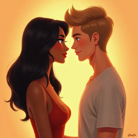 black-haired woman with slightly tanned skin and light brown man with white skin. They look at each other against a light orange background .  illustration style . 