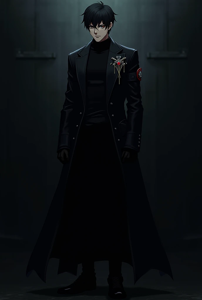 A tall anime guy in black clothes with a patch on the left sample