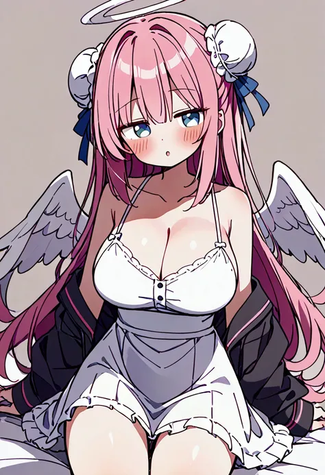  girl、Angel、White Wings、 white dress、 Pink Hair、 side tail、 bun hair、 big breasts、 cleavage in years