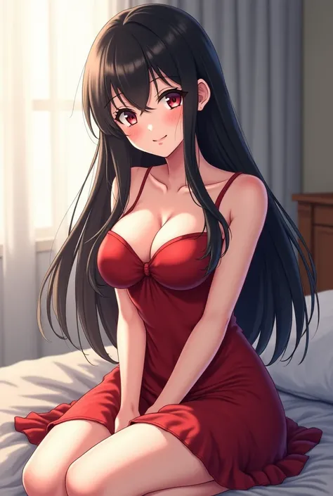 anime girl with long black hair sitting on a bed, seductive anime girl, , loli in dress, beautiful alluring anime teen, smooth anime cg art, ecchi, realistic young gravure idol, a hyperrealistic schoolgirl, hyperrealistic schoolgirl, cute anime girl, (anim...