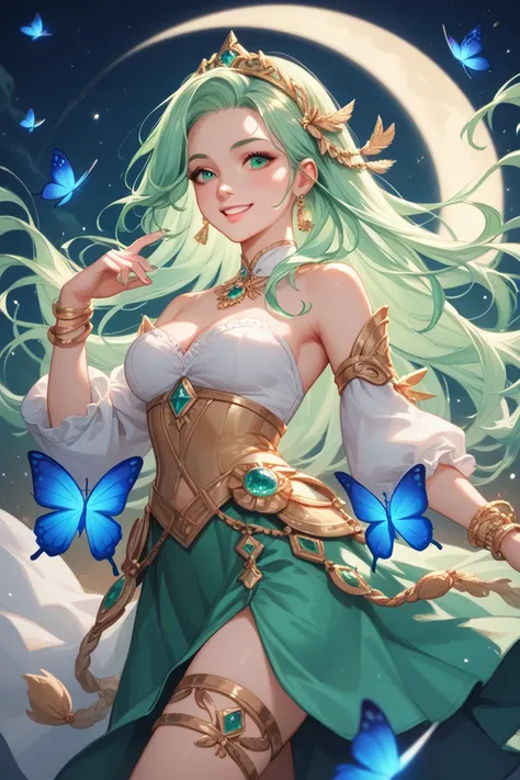  Shes a teenage girl with long light green hair and a gracious smile .  She is a god of nature with nature, and blue butterflies with a dreamy atmosphere fly around her. Surrounding her is a night where the moon shines brightly .  Her clothes look noble wi...