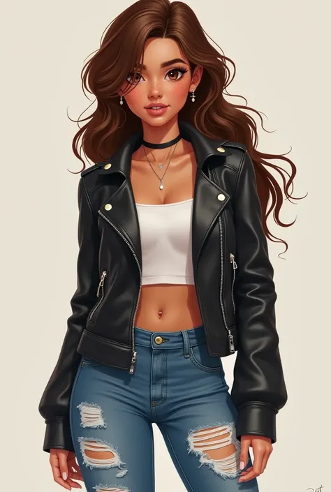 Femme branché jeans veste en cuire, style personnage princesse disney. Peau matte. Cheveux marron et avec frange rideau. Yeux marrons. Et tache de rousseur sur le nez visible