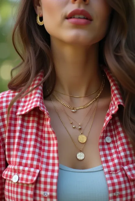 a close up of a woman wearing a red and white checkered shirt, wearing in shirt, wearing a parker, wearing several pendants, wearing gilded ribes, wearing a gold chain, wearing a shirt, wearing gold chain, wearing a light shirt, wearing a light blue shirt,...