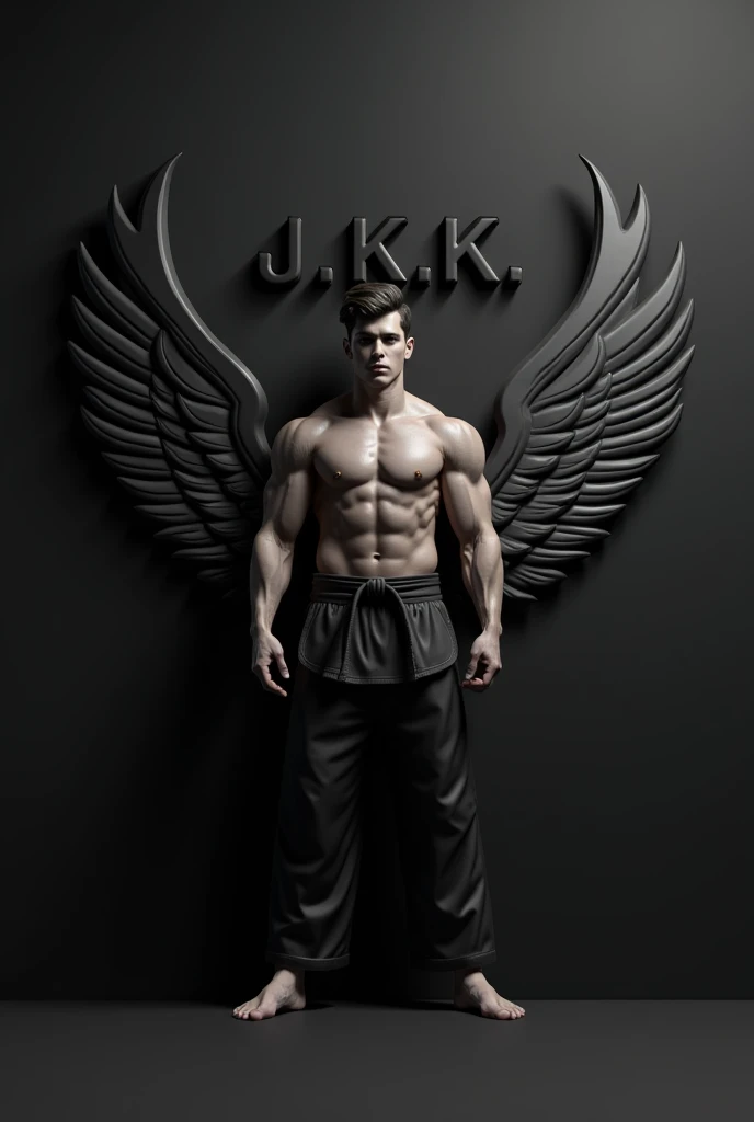 create a 3D profile picture a karate player in black belt IN front of  a black wall and write on it between two wings "J.K.K. KARATE SCHOOL