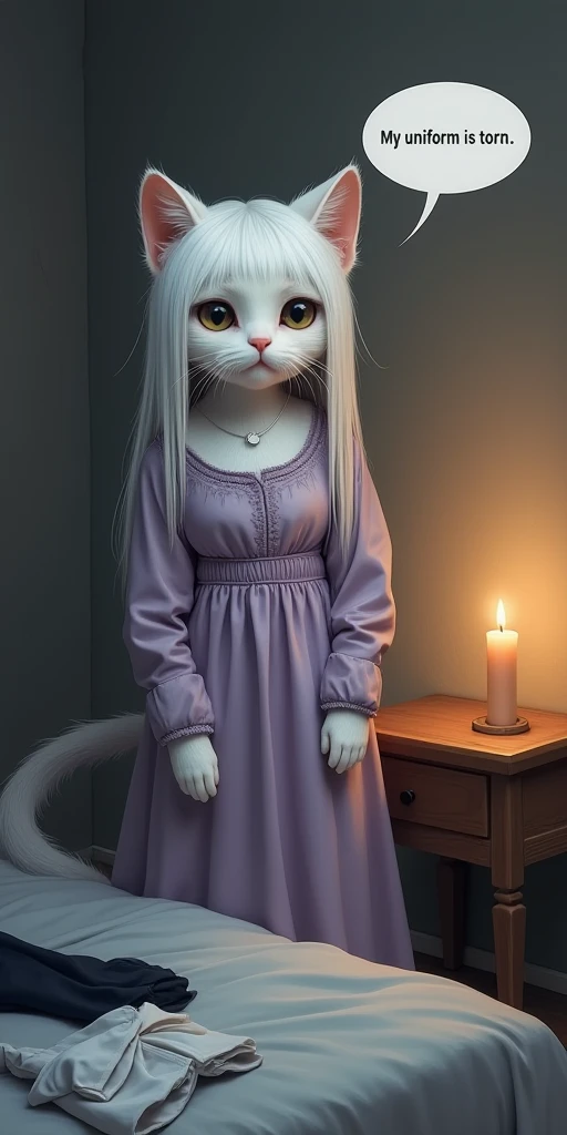 A cat with white fur and in a room. They have long, straight white hair and a visible, bushy gray tail. They are wearing a long-sleeved, a silk light purples dress with a gathered waist and some subtle embroidery or detailing on the bodice. Their expressio...