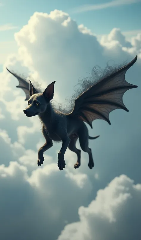  Create an image of this little pincher dog with wings and a black aura among the clouds, respect the base image and dont change any of its appearance  