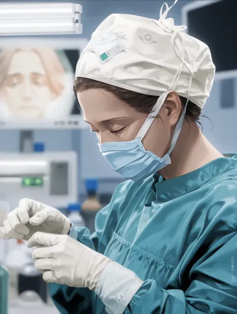 ( RAW photos ,  top quality ),  1 girl,  long sleeve surgical gown ,  surgical mask,   surgical gloves, Surgical Cap,   Operating Room, I focused on the head surgical light , (Alone),  Blurry Backgrounds ,  Focused 