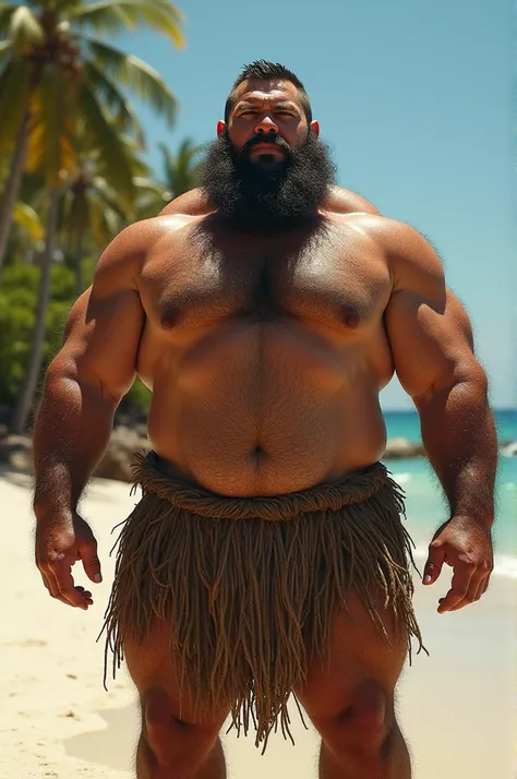 An enormous, muscular, bearded, hairy, virile, caucasian man, standing on a beach, sunny day, palm trees nearby, wearing a simple loincloth only, hairy chest:1.5, hairy hody:1.3, big chest, big pecs:1.4