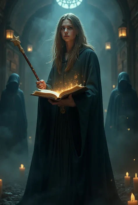 A 25 years old sorcerer with a magical wand and a dark Yellow spello book. The wand must be similari to the elderberry magic wand of HARRY Potter saga