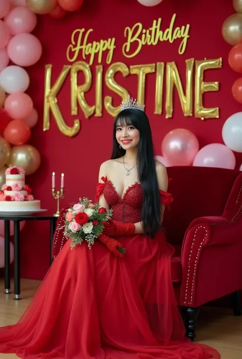 A beautiful Asian woman, smiled, 26x24x38 body size, 130kg weight, with soft white skin,with long super straight black hair with bangs, with silver crown, necklace, wearing red with glitters thin fabric off shoulder long handkerchief dress with red brasier...