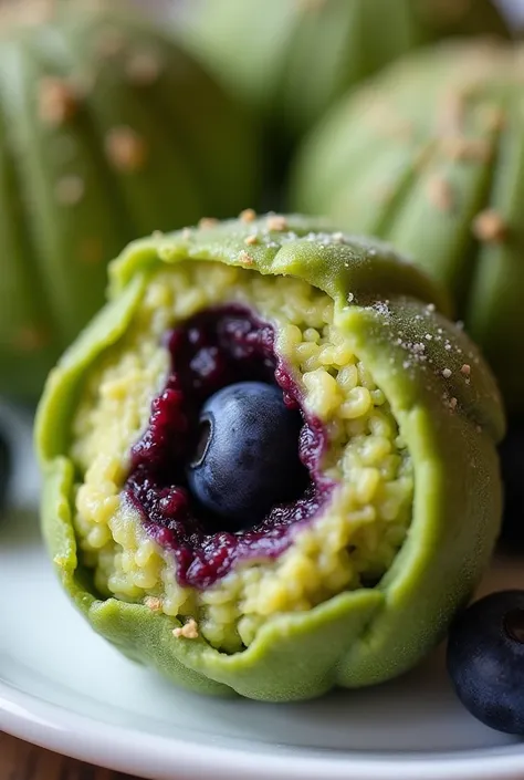 Green avocado baked goods with blueberry filling wrapped inside. The filling is not runny. The part outside is green, the color of avocado. The filling is dark purple and blue as real blueberries. The green outside part is a bit thicker