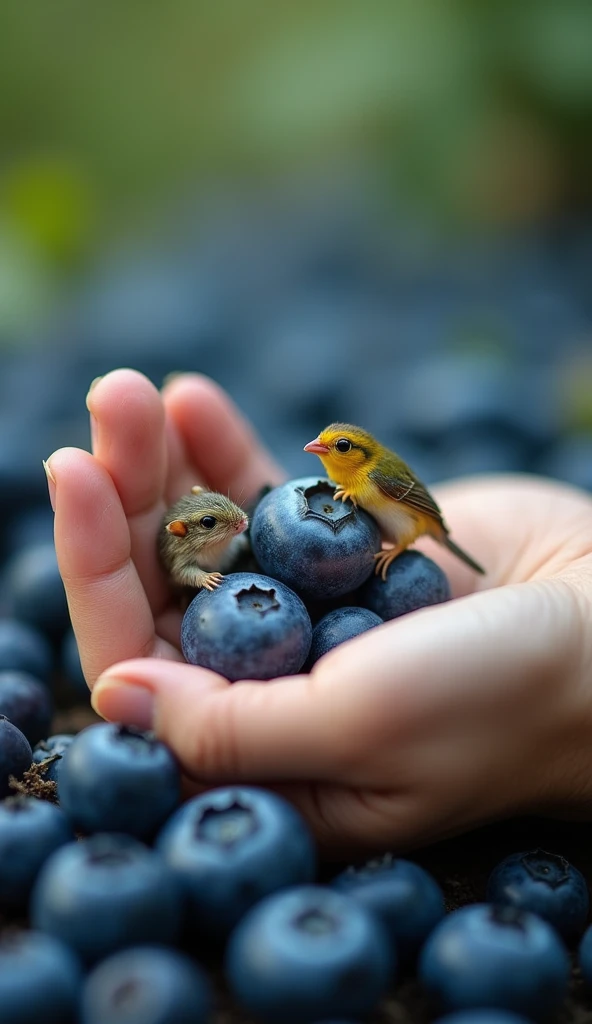 ""Close-up of a human hand with miniature animals, such as a mouse, frog, and baby bird, sitting on the tips of the fingers. The fingers are holding blueberries, and the animals seem curious, looking at the berries. The lighting is soft and natural, giving...