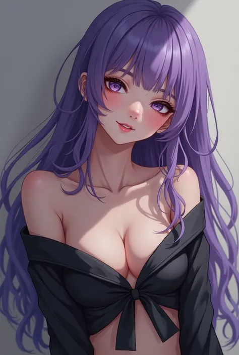 (best quality)),((very detailed)),masterpiece,absurdities,detailed face,beautiful face,(detailed eyes, deep eyes),1 girl,((dynamic pose)) Yuuko , purple hair, solo, naked body, long hair, closed eyes: 2, serafuku, smile, blushing, black serafuku, hime cut,...