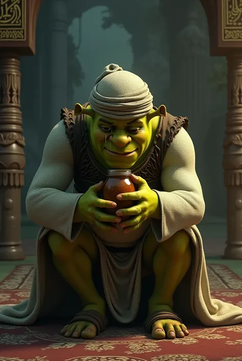 Muslim Shrek crying over a jar of jam 