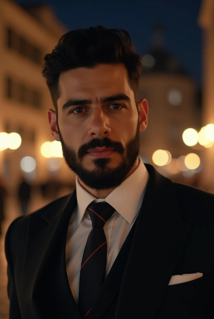  man in a suit , black hair and well-groomed short beard ,  traces of a mix of Italian and Lebanese lineages,Frontal photo,  in the background a square at night with lights and blurred ,  romantic atmosphere .  High resolution ,  masterpiece , Necessary, A...