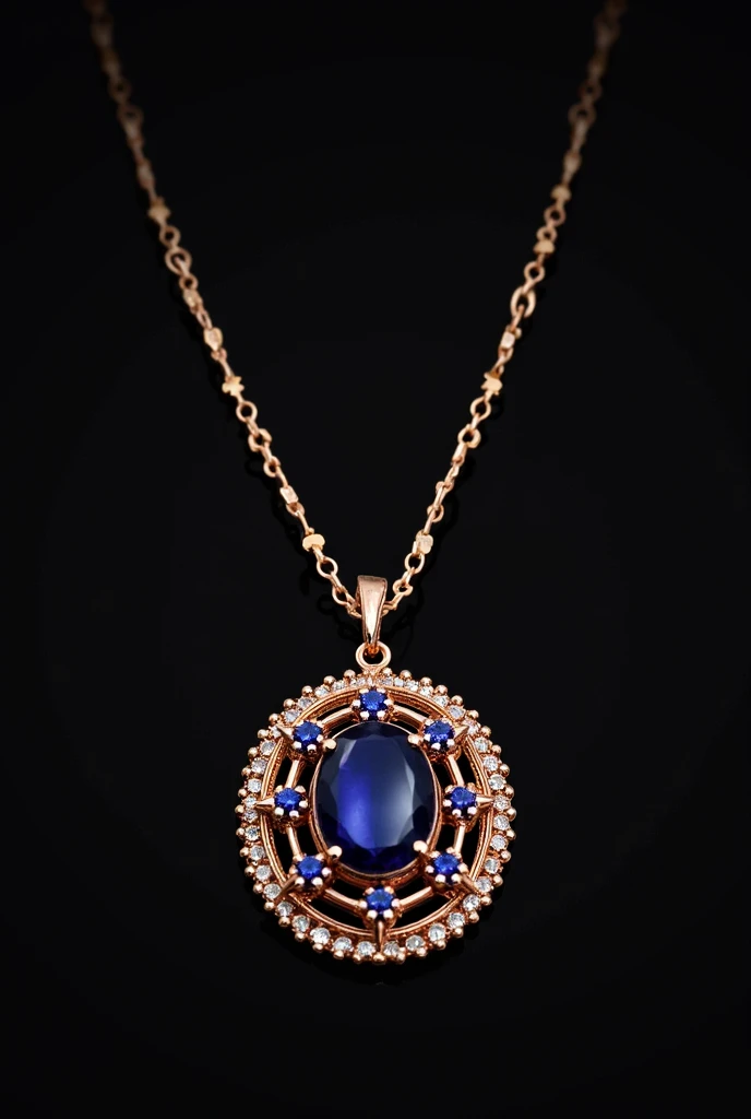 The image is a close-up of a necklace with a pendant. The pendant is made of rose gold and has a circular design with intricate details. In the center of the pendant, there is a large blue gemstone, which appears to be a sapphire or gemstone. Surrounding t...