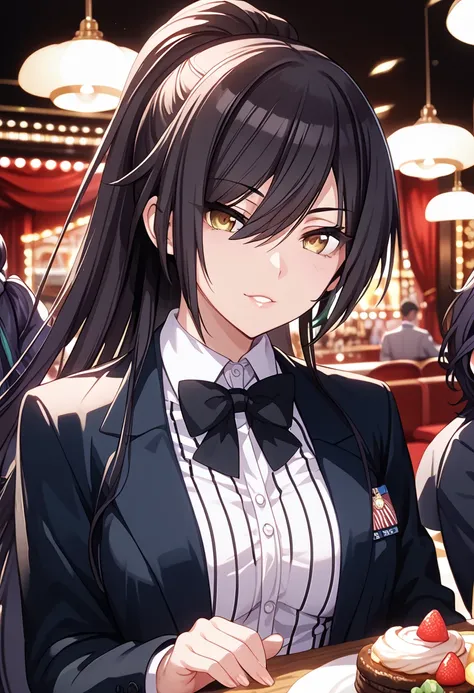 Shirase Sakuya, very long hair, black hair, high ponytail, bangs, hair between eyes, yellow eyes, large breasts, low ponytail, solo, looking at viewer, 1girl, white shirt, upper body, female focus, indoors, black bow,black eyepatch, formal, suit, black bow...