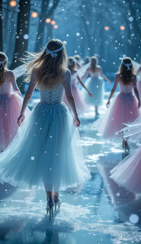 A magical ice dance scene featuring numerous beautiful fairies in shiny, elegant dresses. The setting is fantastical and enchanting, capturing a realistic yet dreamy atmosphere. The fairies are gracefully dancing on the ice, surrounded by sparkling lights ...