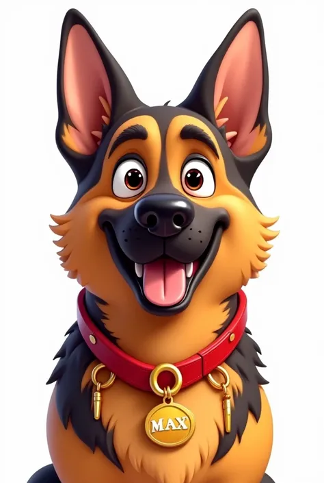 Create a front-facing 2D illustration of a German Shepherd dog in an animated style. The dog should have a bold and confident expression, with its head framed in a clean and symmetrical way, similar to a logo design. The dog is wearing a bright red collar ...