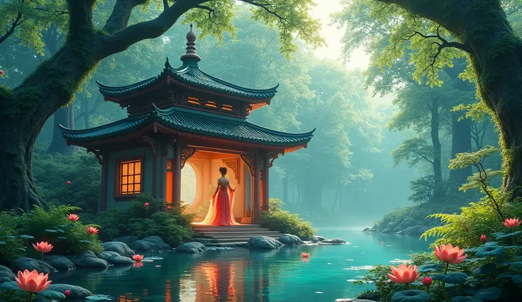 A vibrant mythological scene featuring a traditionally forest pond house