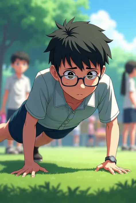 An anime teen fair boy doing pushups with glasses