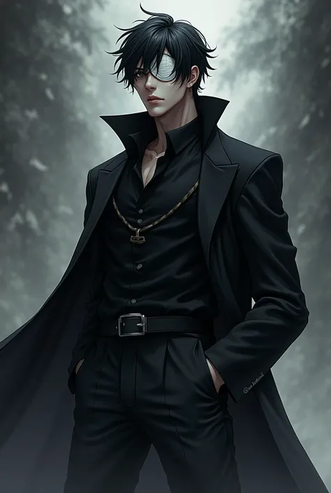 A tall anime man wearing black clothes with a white patch in his left eye 