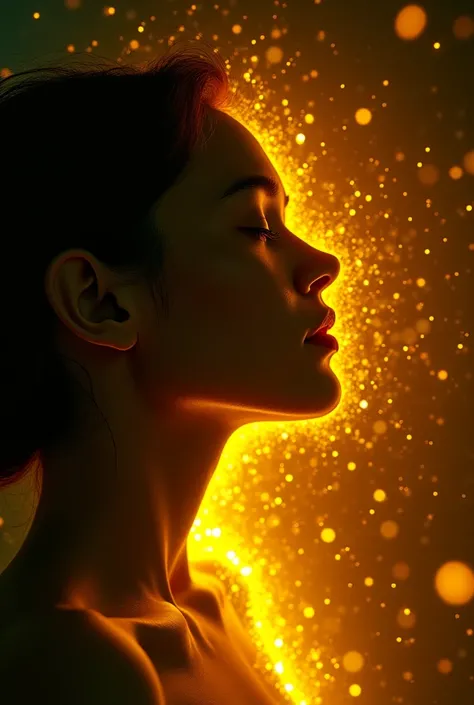  A male or female face in profile with eyes closed,  surrounded by a golden glow or aura  (symbolizing positive energy ).  cyberpunk style  