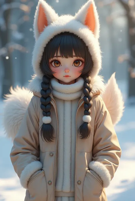   Girl , tez blanca,  brown eyes, wearing winter clothes with a huge furry tail.