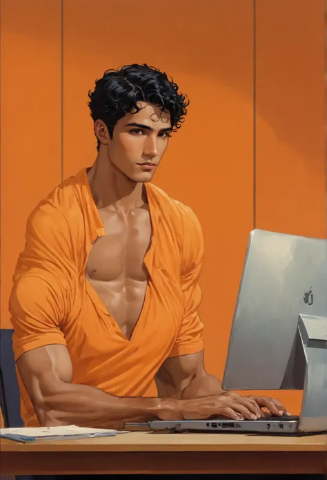 ((1 latino man sitting at a desk typing on an orange laptop in a high-chroma orange art deco office)) by Aaron Horkey and Jeremy Mann, masterpiece, best quality, Photorealistic, ultra-high resolution, photographic light, illustration by MSchiffer, fairytal...