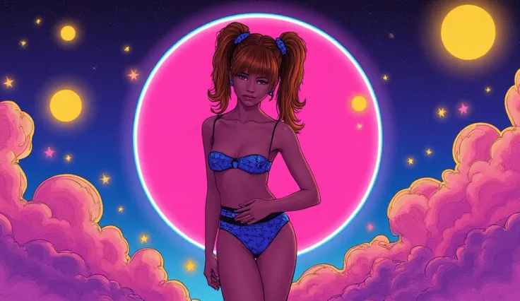 Vaporwave style. Art by Lois Van Baarle. Waist-up 25-year-old girl with and space buns. Retro aesthetic, cyberpunk, vibrant, neon colors, vintage 80s and 90s style, highly detailed, graphic illustration, graphic novel art, vibrant, cover art, dreamy, vecto...