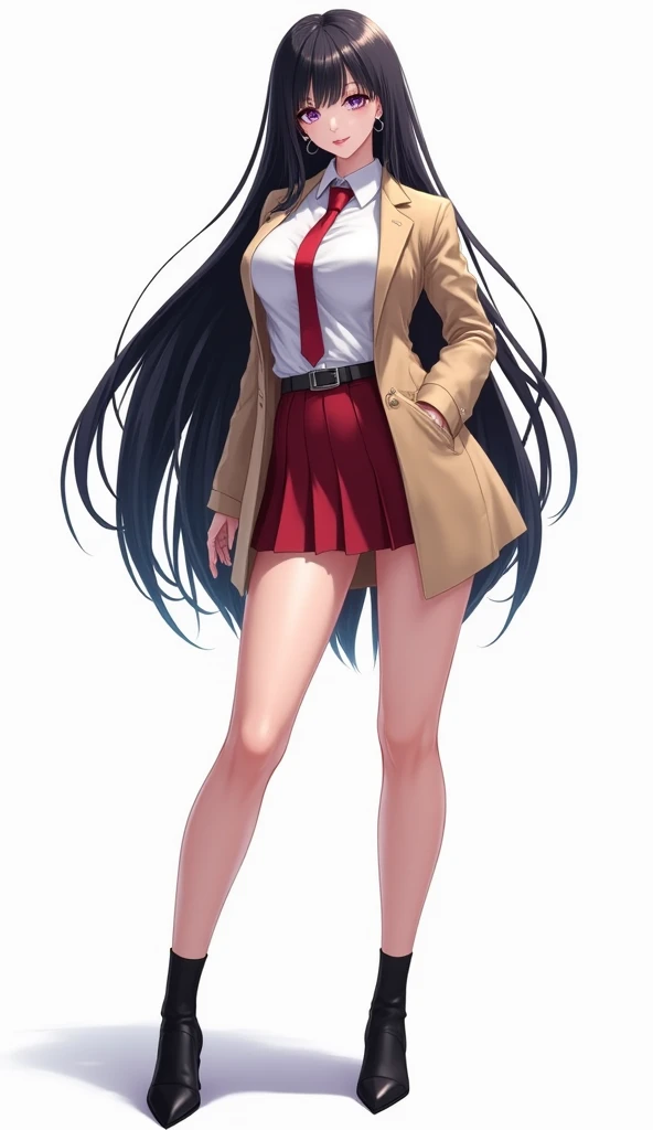 аниме — full body, image of a tall sexy woman, beautiful, perfect body, huge breasts, very long black hair and purple eyes, earrings, acessories, digital image , bangs, illustration, high school uniform: beige jacket, white shirt, red necktie, клетчатая ко...