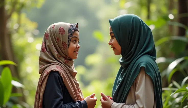 This photograph shows two girls with hijab talking in a garden or in front of a landscape. Sarah looks excited while Layla seems hesitant and meditating.