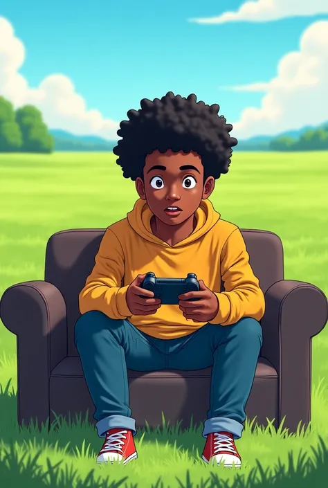 Have the words" Them- go outside and touch some grass..Me- OK" then have an African American young man sitting on a couch in grassy field playing games on a console on the ground. Anime style 